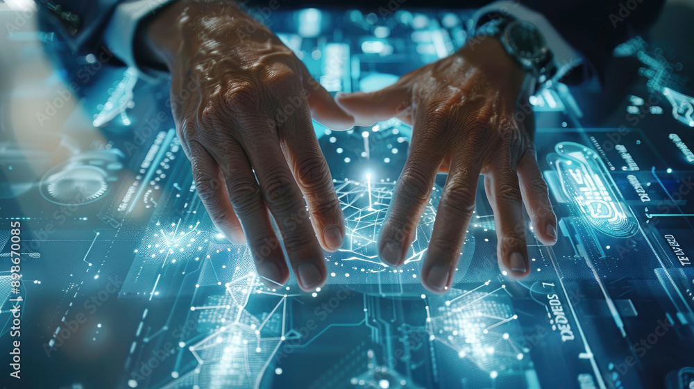 Poster hands interact with a sophisticated digital interface displaying complex holographic data and visual