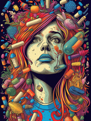 substance abuse: a face of a female addict surrounded by various pills and capsules, symbolizing addiction, drug abuse