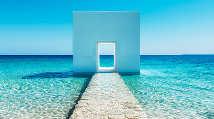 A serene, modern white doorway structure leading towards the crystal-clear ocean with a pathway surrounded by vivid blue waters on a sunny day.