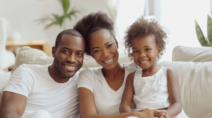 Fototapeta premium A happy family consisting of a man, woman, and child sitting on a white couch, smiling and enjoying each other's company in a cozy living room.
