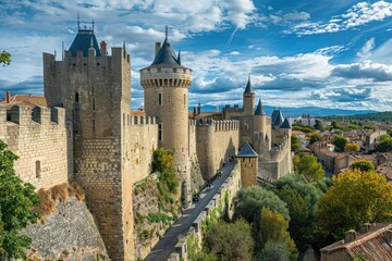 A scenic view of a castle sitting atop a hill, surrounded by lush greenery and blue skies