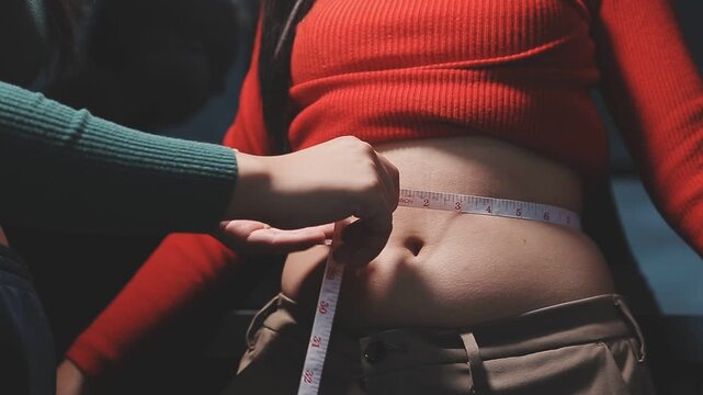 Women body fat belly. Obese woman hand holding excessive belly fat. diet lifestyle concept to reduce belly and shape up healthy stomach muscle.