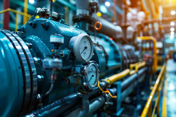 Fototapeta premium A close-up view of modern industrial machinery, showcasing the intricate details of gauges, pipes, and valves, highlighting precision, functionality, and engineering.