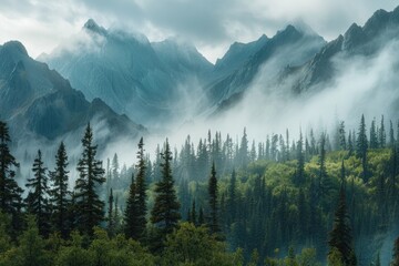 A scenic view of a mountain range with trees in the foreground, ideal for use in travel or nature-themed projects