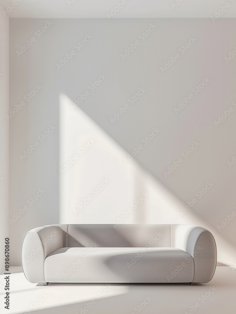 Poster A white sofa sits in a bright, minimalist room with a single, angled beam of light illuminating the space. Generative AI