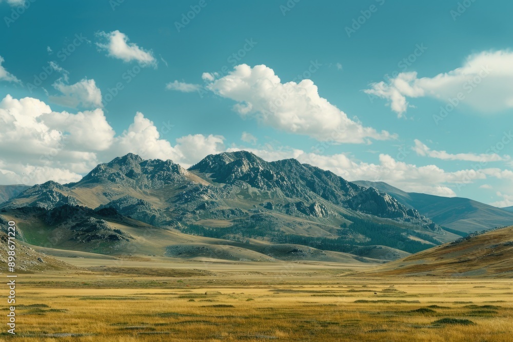 Poster a scenic view of a mountain range in the distance