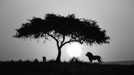 black and white silhouette of lion under acacia tree with dog in the savannah at sunset