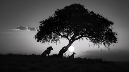 black and white silhouette of lion under acacia tree with dog in the savannah at sunset