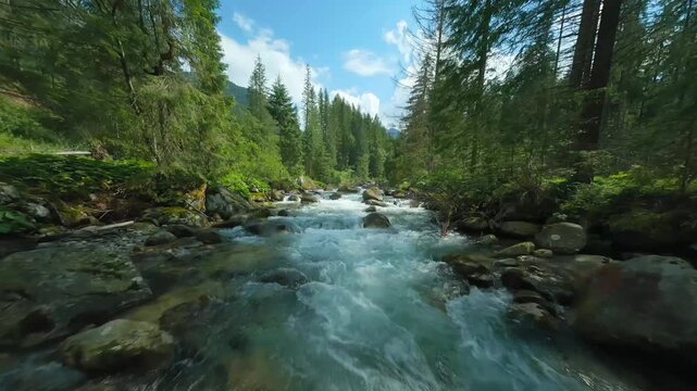 Flight over a mountain river. Shot on FPV drone. Tatra Mountains, Slovakia.