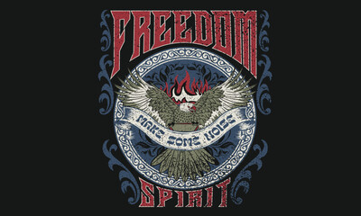 Freedom spirit. Make some noise. music world tour logo. Rock and roll graphic print design for apparel, stickers, posters and background. Eagle fly vector artwork design for t-shirt and others.
