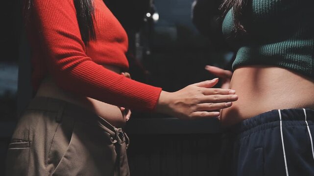 Women body fat belly. Obese woman hand holding excessive belly fat. diet lifestyle concept to reduce belly and shape up healthy stomach muscle.