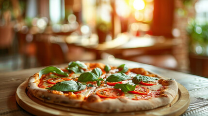 Authentic Italian pizza with fresh basil on old rustic wooden table with copy space on restaurant background