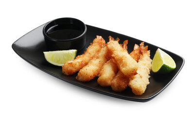 Delicious breaded fried shrimps with sauce isolated on white