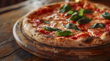Close-up of fresh baked Italian margherita pizza on old rustic wooden table