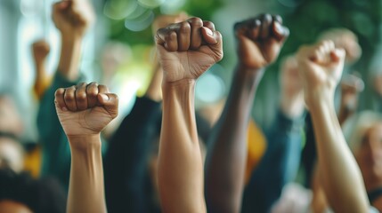 Diverse Community Uniting: Raised Fists of Multicultural People