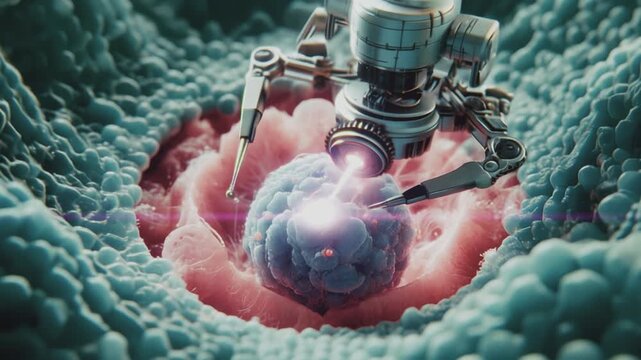 Futuristic nanobot operating, destroying a cancer cell with laser. Nanotechnology, nanobots, future of medicine, surgery robot, microscopic robot, microbot, cancer cure concept.