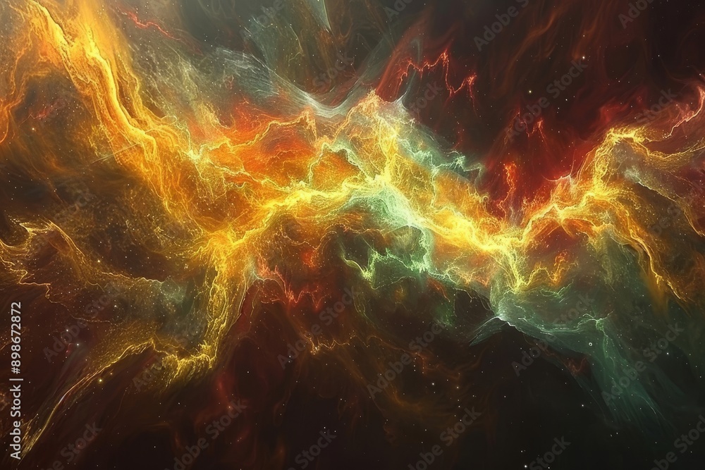 Poster fiery cosmic nebula in outer space emphasizing dynamic colors and celestial phenomena