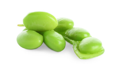 Raw green edamame soybeans isolated on white