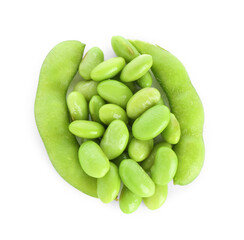 Raw green edamame soybeans and pods isolated on white, top view