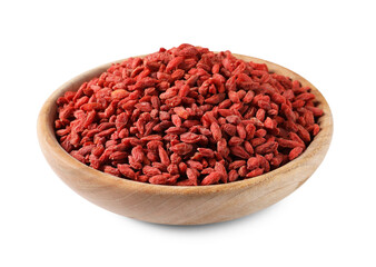 Dried goji berries in bowl isolated on white