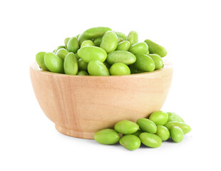 Raw green edamame soybeans in bowl isolated on white