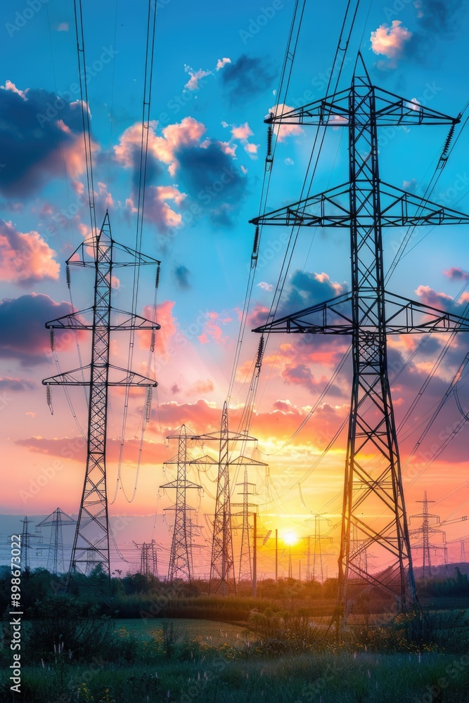 Poster sunset view with power lines in the background