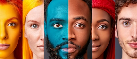 Obraz premium A diverse gathering of individuals, each with distinctly hued hair and individually styled facial makeup, displaying assorted emotions