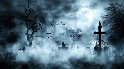 A Halloween background showing an old graveyard covered by white fog with a full moon in the background