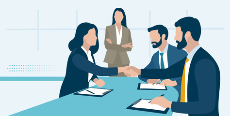 Agreement, contract, deal. Business people shaking hands after signing contract. Concept business vector illustration. 
