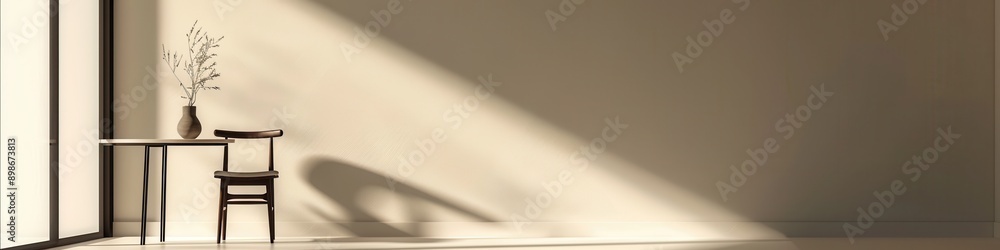 Poster A single chair sits next to a table in a minimalist interior space with large windows allowing natural light to illuminate the room. Generative AI