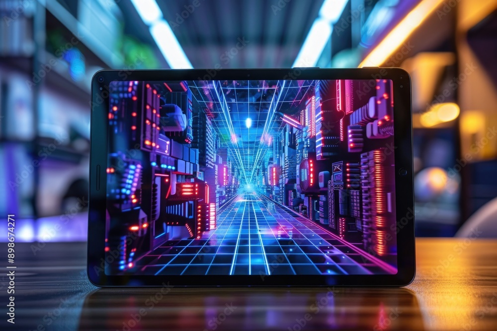 Poster A tablet computer placed on a wooden table, ideal for working or studying