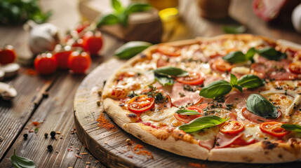 Authentic Italian pizza on old rustic wooden table top in kitchen view with ingredients