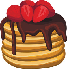 golden brown pancakes stack topped with rich, melted chocolate and fresh strawberries.