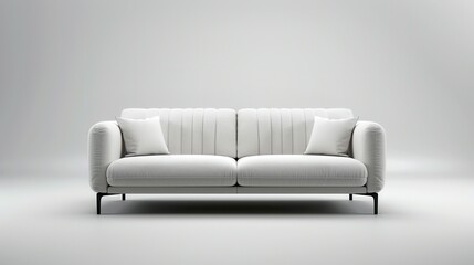 A white sofa with two pillows sits in a white studio setting. Generative AI