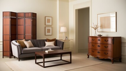 Light living room with folding screen, comfortable sofa, coffee table and chest of drawers