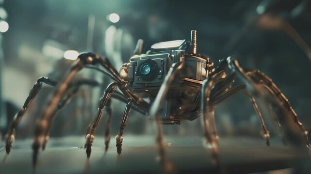 Futuristic spider microscopic robot. Microrobotics, robotics, nanotechnology concepts. Sci-fi cinematic movie footage. 