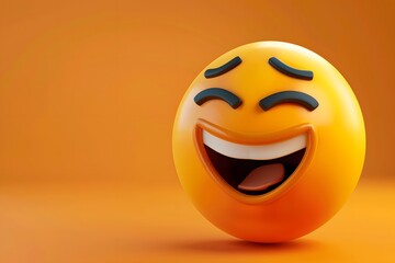 3D illustration of a laughing emoji face on an orange background.