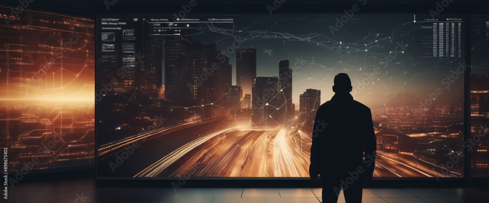 Poster a giant digital screen with a flow of data showing various cyber threats and vulnerabilities of a si