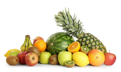 Many fresh ripe fruits isolated on white