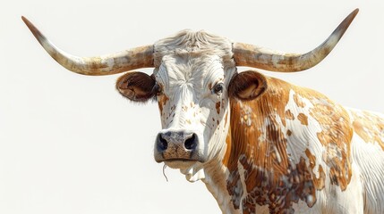 Majestic texas longhorn bull with massive horns poses against a white background, exuding strength and majesty