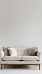 A white sofa with three pillows sits in front of a white wall. Generative AI