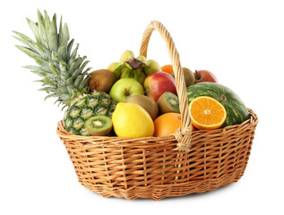 Many fresh ripe fruits in basket isolated on white