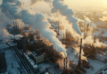 A detailed view of a factory complex with multiple chimneys belching smoke