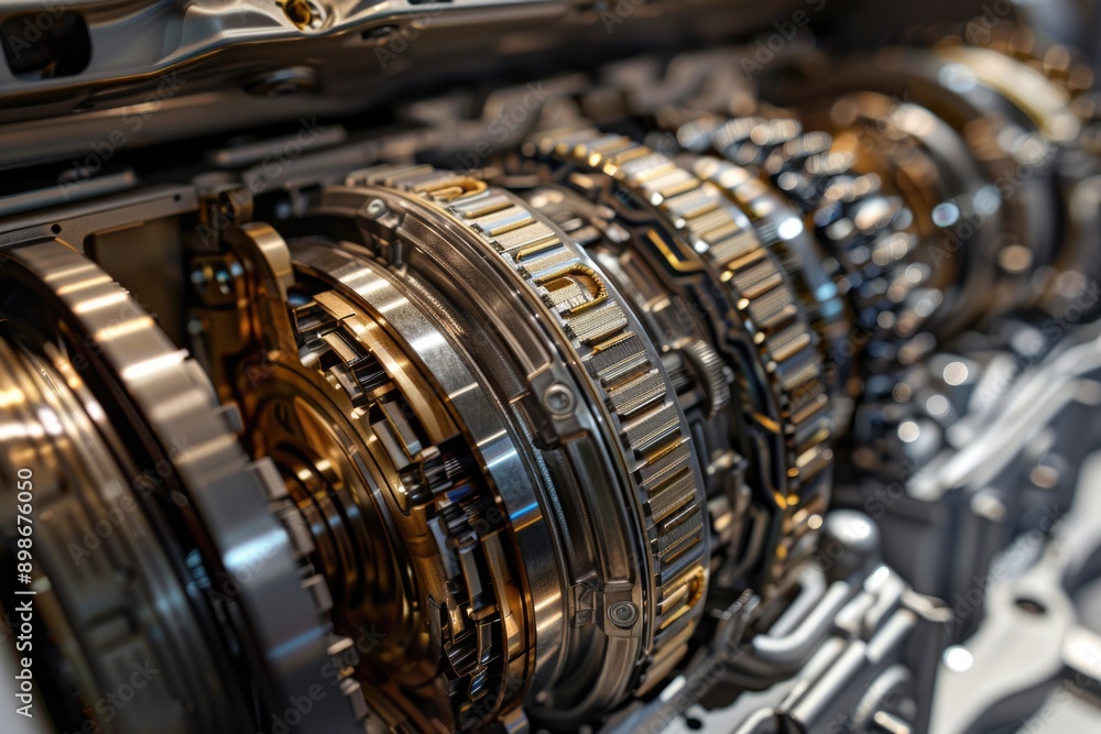Poster close-up view of a motorcycle engine's inner workings, featuring gears and mechanical components