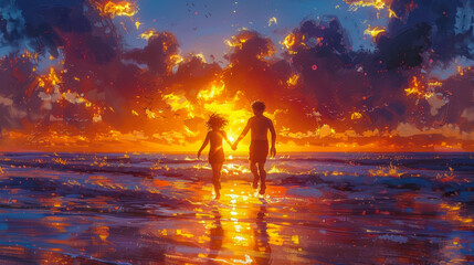 Fototapeta premium Children Running on Beach at Sunrise Digital Art Illustration, Boy and Girl Holding Hands in Morning Light, Evokes Joy and Adventure