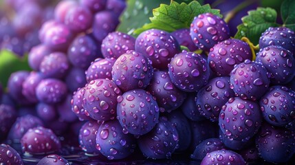 Close up view of a bunch of ripe red grapes, glistening with water droplets, showcasing their freshness and juicy texture