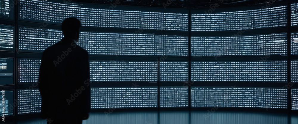 Poster a giant digital screen with a flow of data showing various cyber threats and vulnerabilities of a si
