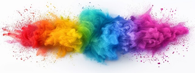 Fototapeta premium A multicolored cloud of smoke forms a rainbow shape against a pristine white background, speckled with small splashes