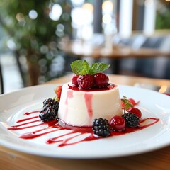 Elegant Panna Cotta with Fresh Berries in Cozy Cafe