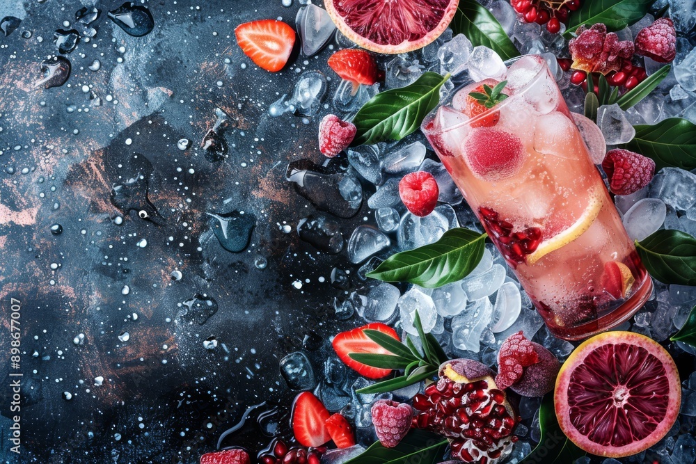 Poster mixed berry lemonade with ice in rustic setting emphasizing refreshing summer drink and fresh fruits